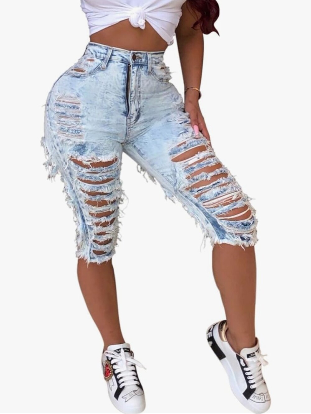 Women's Ripped-Denim Hole Washed Distressed Mid Rise Stretchy Short Jeans